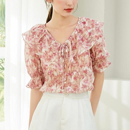 百姿 优雅碎花短袖衬衫2023夏新款名媛气质荷叶边衬衣女231161 商品图0