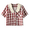 百姿 娃娃领格纹短袖衬衫女2023春夏新款复古千鸟格开衫上衣女 商品缩略图4