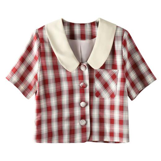 百姿 娃娃领格纹短袖衬衫女2023春夏新款复古千鸟格开衫上衣女 商品图4