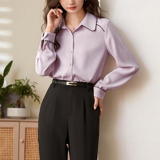 百姿 娃娃领长袖衬衫2023春季新款撞色直筒单排扣百搭雪纺衬衣女 商品图2