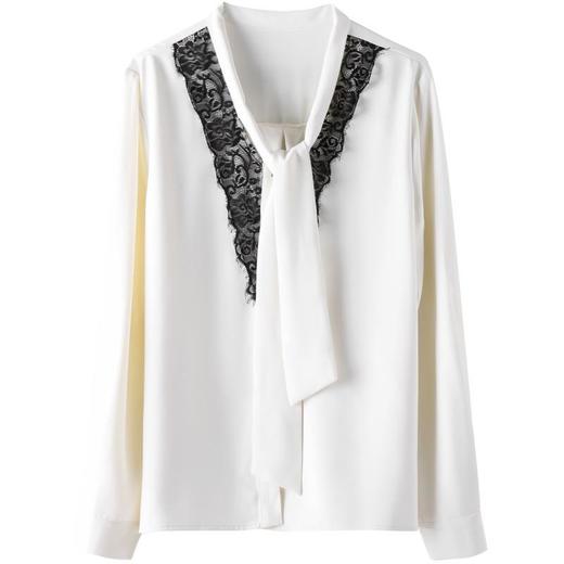 百姿 拼接蕾丝长袖衬衫2023春季新款气质V领绑带白衬衫上衣女 商品图4