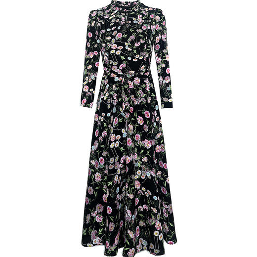 秋季新款，长袖裙时尚气质长袖中长款黑底粉花A字裙印花连衣裙QYM-TYH-231347-Y 商品图4