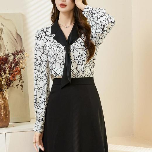 百姿 裂纹V领长袖衬衫2023秋季新款小众印花套头雪纺衫女231254 商品图3