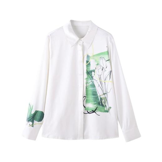 百姿 抽象印花翻领衬衫女2023秋季新款直筒暗门襟长袖衬衣231242 商品图4