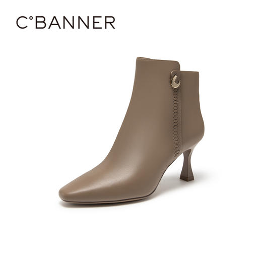 千百度羊皮时装靴秋冬细高跟短靴子女鞋真皮显瘦气质保暖A23577227 商品图1