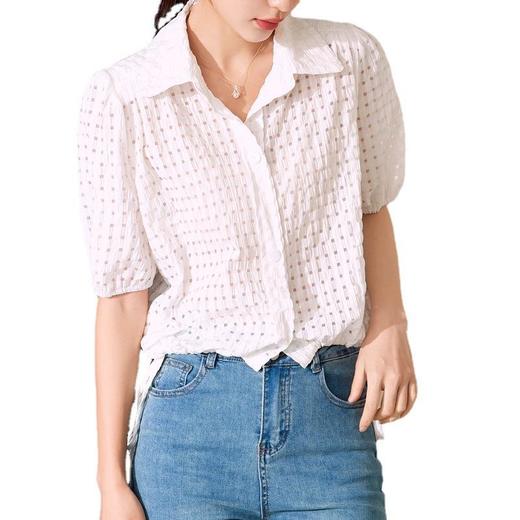 百姿 系带短袖衬衫女韩版透视网纱小众翻领衬衣女装 商品图4