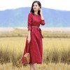 HM-S129秋季新款复古大气酒红色亚麻连衣裙长袖中国风系带棉麻A字裙长裙 商品缩略图1