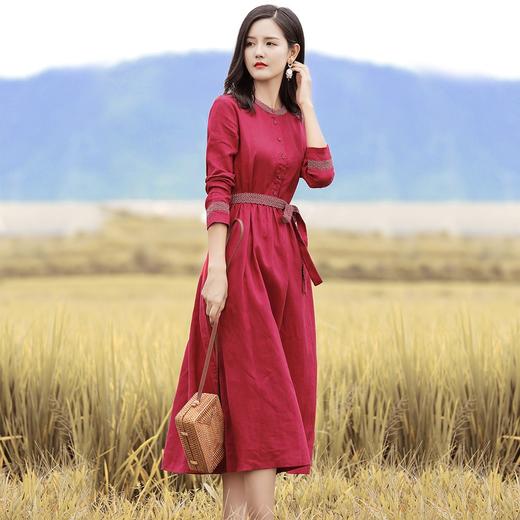 HM-S129秋季新款复古大气酒红色亚麻连衣裙长袖中国风系带棉麻A字裙长裙 商品图1