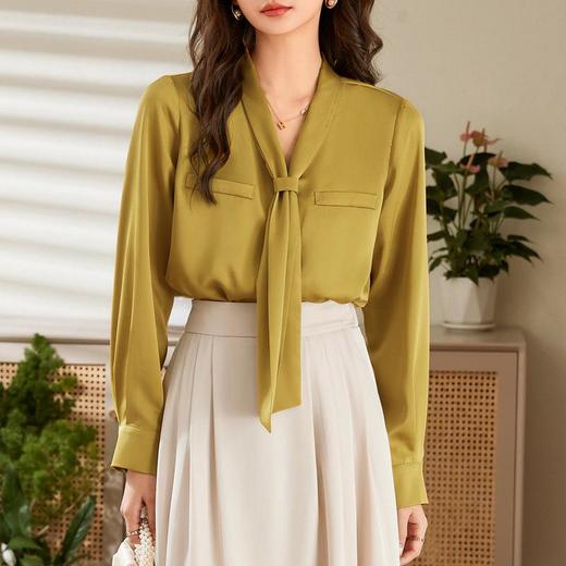 百姿 领带长袖衬衫女2023春季新款韩版都市时尚假口袋雪纺衬衣 商品图0