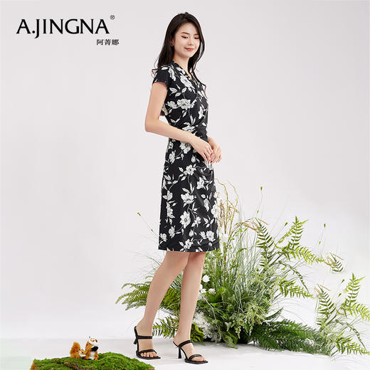 【商场同款】阿菁娜V领花卉印花优雅连衣裙A28X112098 商品图2
