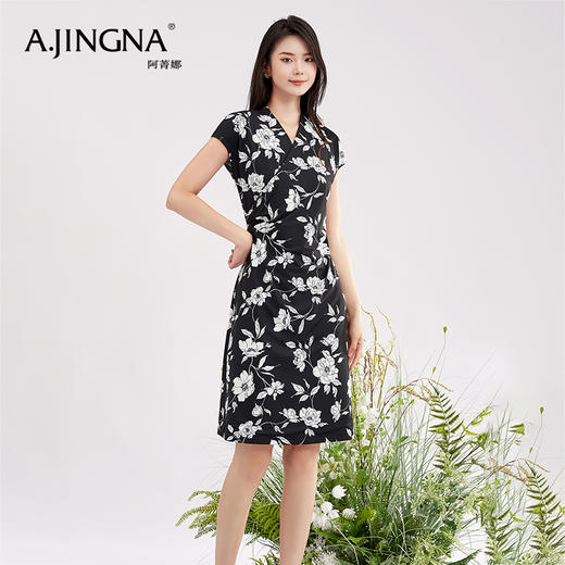 【商场同款】阿菁娜V领花卉印花优雅连衣裙A28X112098 商品图1