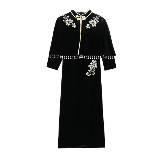 DD-金丝绒刺绣改良旗袍披肩连衣裙女2023秋冬新款时尚洋气减龄中长裙 商品图4