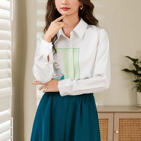 百姿 绘画翻领衬衫2023秋季新款纯色气质OL长袖上衣衬衫女231032