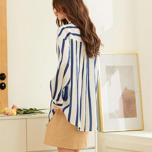 百姿 条纹薄款衬衫女2023夏季新款韩版宽松通勤小众开衫长袖衬衣 商品图3
