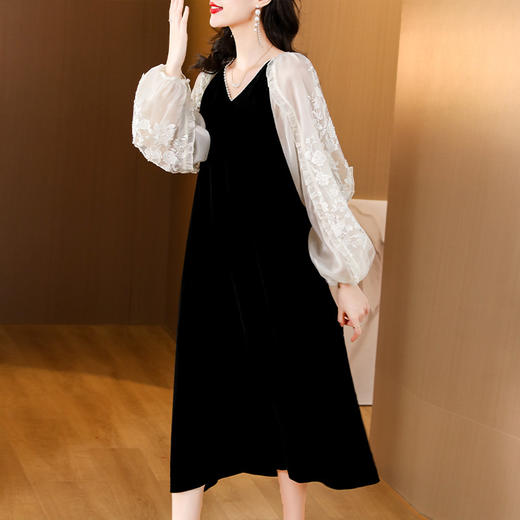 DD-连衣裙女2023秋季新款时尚洋气V领绣花撞色拼接宽松显瘦中长裙潮 商品图2