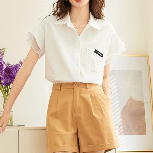 百姿 纯棉拼接短袖衬衫2023春夏新款韩版简约百搭小个子通勤小衫 商品图0