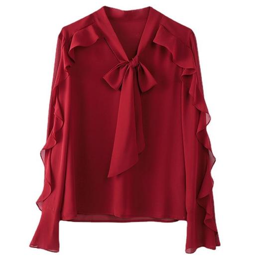 百姿 时尚V领衬衫2023春季新款荷叶边长袖名媛蝴蝶结长袖雪纺衫女 商品图4