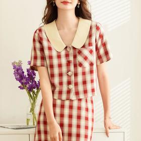 百姿 娃娃领格纹短袖衬衫女2023春夏新款复古千鸟格开衫上衣女