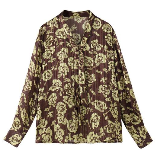 百姿 名媛V领印花长袖衬衫2023秋季新款领带气质长袖上衣女231220 商品图4