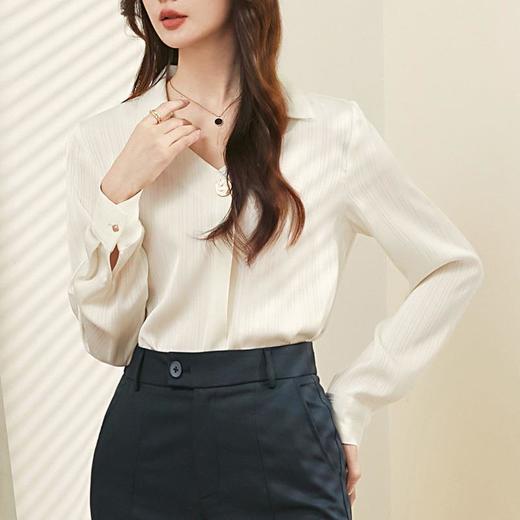 百姿 V领条纹小众雪纺衫2023秋季新款百搭轻奢长袖衬衫女231225 商品图2