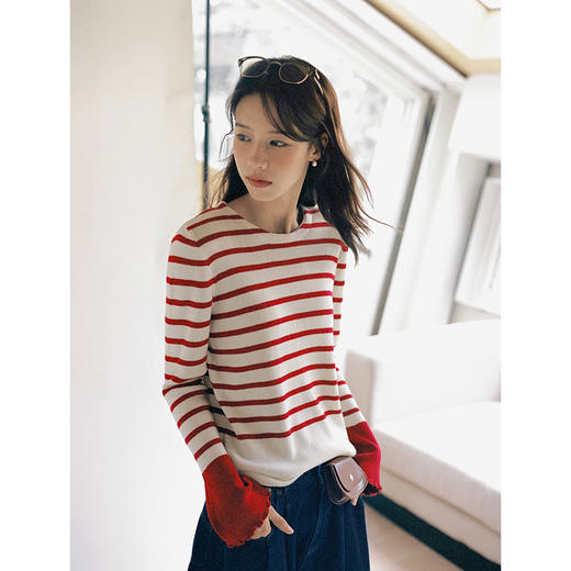 Even Vintage | 利落优雅 原创简约气质荷叶边条纹针织衫女早秋 商品图2