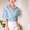 百姿 新款露肩灯笼袖衬衫翻领小众设计感短袖衬衣女装 商品缩略图2