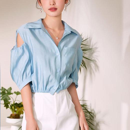 百姿 新款露肩灯笼袖衬衫翻领小众设计感短袖衬衣女装 商品图2