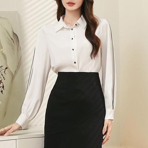 百姿 撞色灯笼袖长袖衬衫女2023秋季新款优雅宽松百搭上衣231244 商品图1