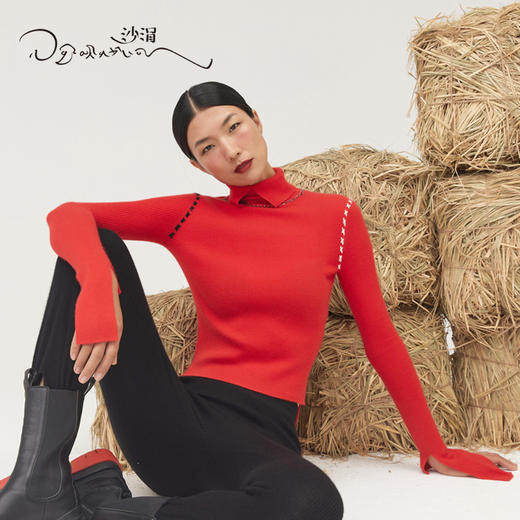 疗愈羊绒|羊绒抽条翻领打底衫SJF95W449K 商品图3