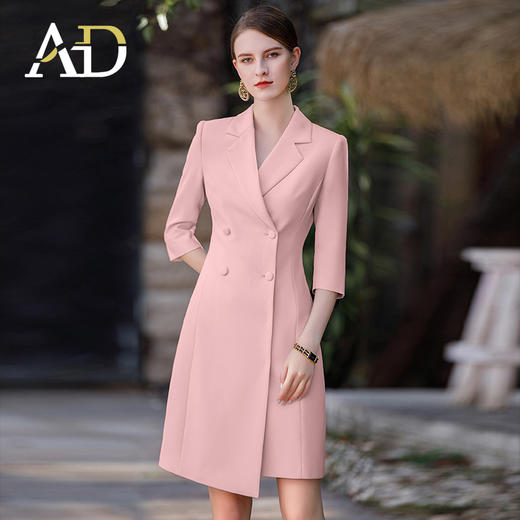 AD粉色主持人上镜服装女七分袖正装连衣裙收腰显瘦气质职业装工装 商品图1