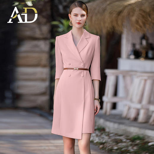 AD粉色主持人上镜服装女七分袖正装连衣裙收腰显瘦气质职业装工装 商品图2