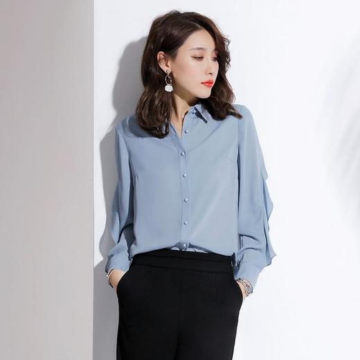 百姿 新款品牌衬衣女装小众设计感荷叶边开衫翻领长袖雪纺衬衫 商品图0