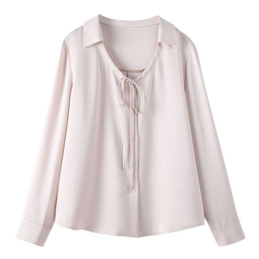 百姿 气质V领抽褶长袖衬衫2023秋季新款小众蝴蝶结雪纺衫女231226 商品图4