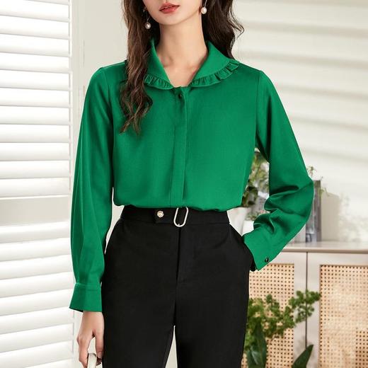 百姿 娃娃领长袖衬衫女2023春季新款韩版纯色显瘦优雅百搭衬衣 商品图1