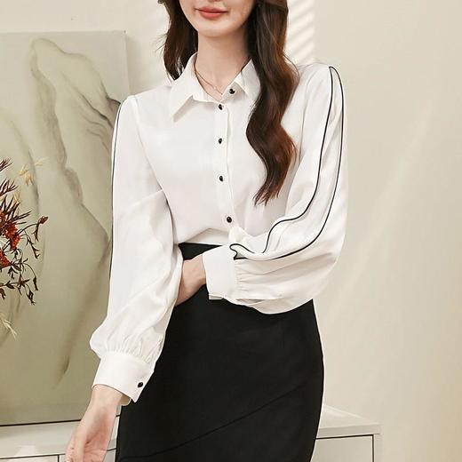 百姿 撞色灯笼袖长袖衬衫女2023秋季新款优雅宽松百搭上衣231244 商品图3