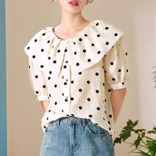 百姿 波点娃娃领短袖衬衫2023夏季新款韩版甜美百搭翻晒女式小衫 商品图2