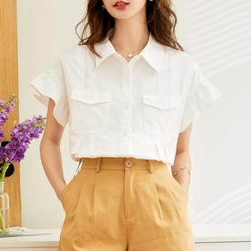 百姿 纯棉荷叶袖衬衫女2023夏季新款翻领百搭通勤短袖女式衬衫