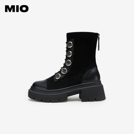 MIO米奥冬季圆头高跟中筒瘦瘦靴金属扣带酷感厚底马丁靴女M235632335 商品图2