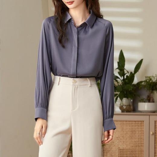 百姿 纯色翻领长袖衬衫2023春季新款直筒百搭暗扣职业装衬衣女 商品图2