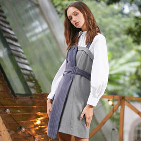 冬装女2018新款女装收腰显瘦衬衫+吊背带女裙两件套套装裙