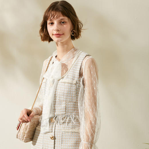 欧芮儿2019秋新蕾丝格子上衣+流苏半身裙两件套小香风时尚套装 商品图0