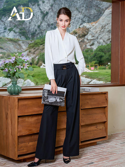 AD白色上衣轻熟法式小众长袖女衬衫时尚洋气阔腿裤显瘦两件套装裤 商品图3