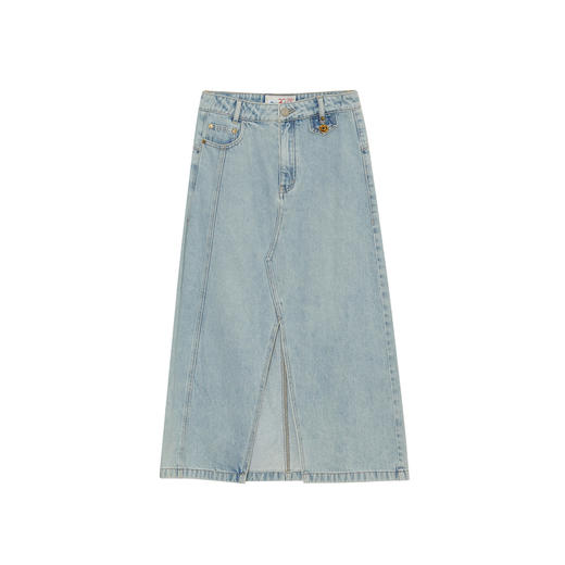 谜底牛仔半身裙2023秋新款复古高腰百搭A型前开叉中长裙233MB0990 商品图4