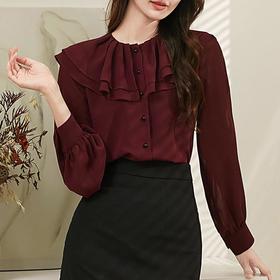 百姿 透视甜美长袖衬衫2023秋季新款气质翻领雪纺衫231303