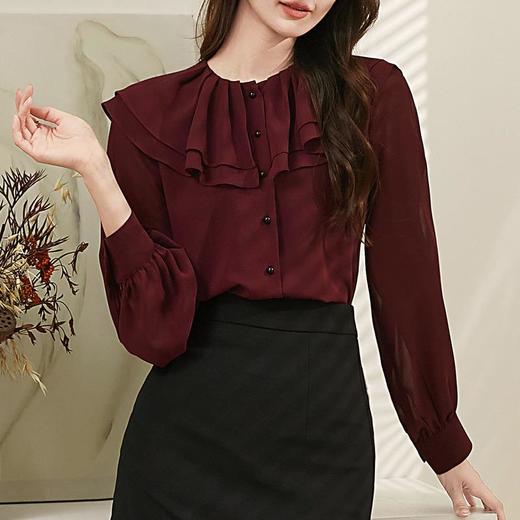 百姿 透视甜美长袖衬衫2023秋季新款气质翻领雪纺衫231303 商品图0