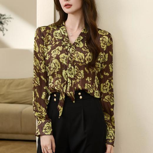 百姿 名媛V领印花长袖衬衫2023秋季新款领带气质长袖上衣女231220 商品图2