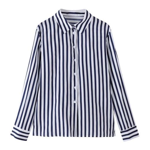 百姿 条纹自留款翻领衬衣2023早秋新款长袖气质OL衬衫女231240 商品图4