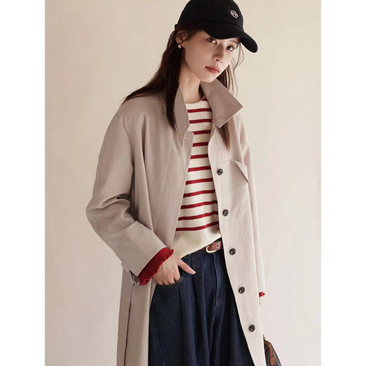 Even Vintage | 韩国进口面料 经典纽扣可翻领早秋袖口条纹风衣女 商品图2