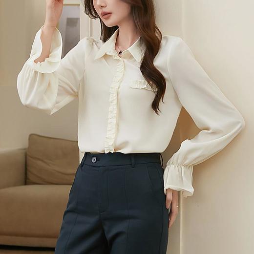 百姿 简约翻领喇叭袖衬衫2023秋季新款百搭甜美长袖雪纺衫231257 商品图1