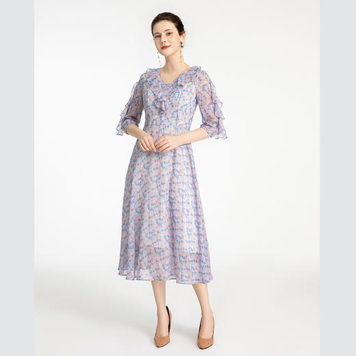 司歌波点荷叶雪纺显瘦中袖连衣裙A881276 商品图0